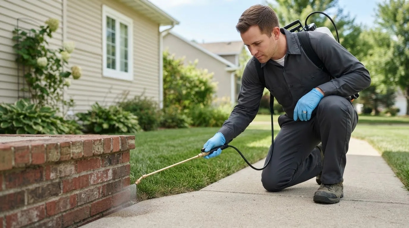 Pest control technician treating a home near Corning, KS